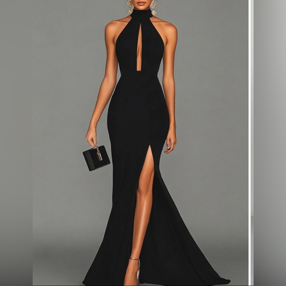 Source Unknown Black Halter Backless Gown